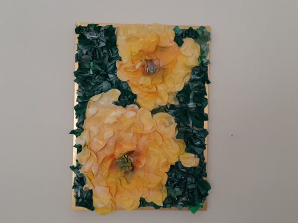 Cotton painting "The evening scent of floribunda" by W2W for sale. On a wall